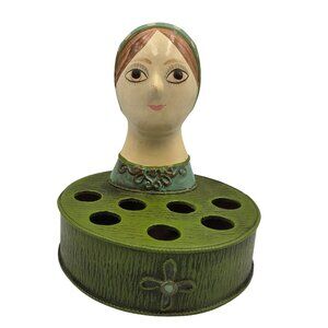 Vintage Lipstick Makeup Holder L Rice Paper Mache Doll Teal Green  Japan